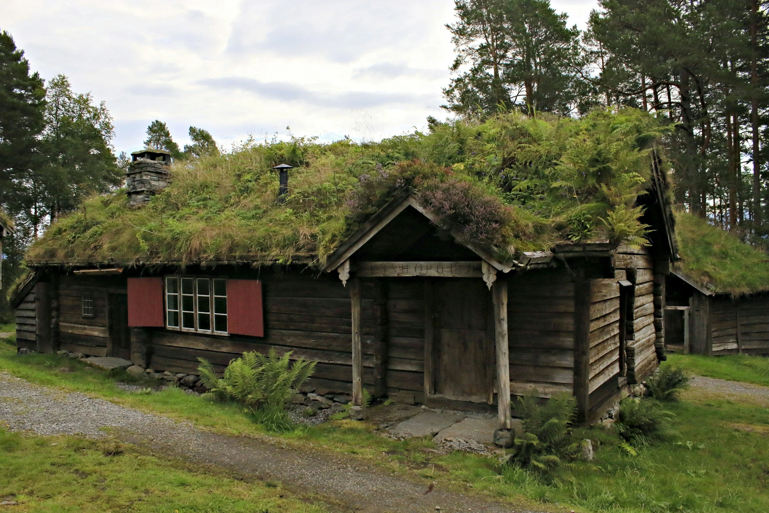 Eldre tømmerhus med torvtak og vegetasjon på taket.