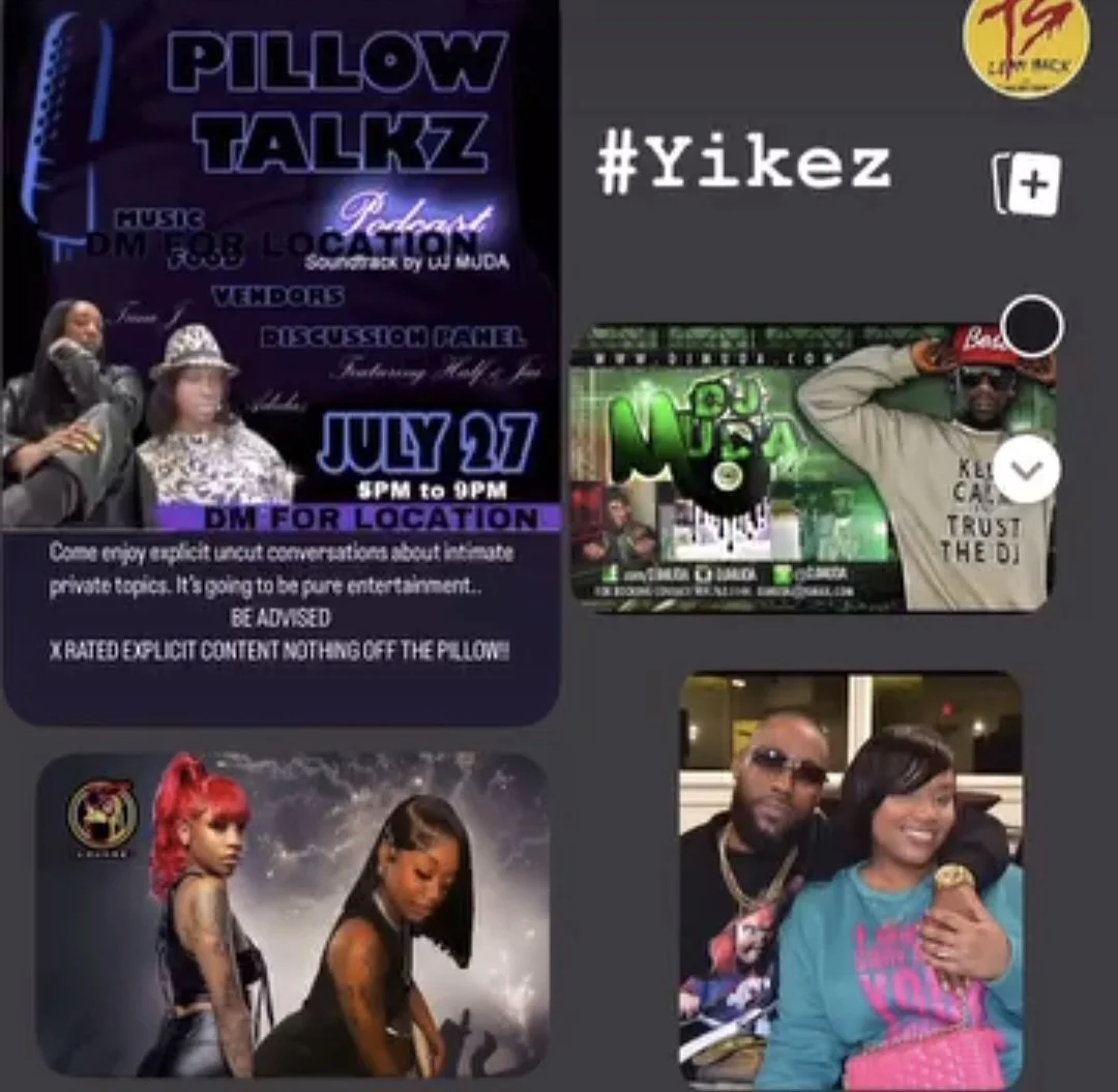Promotional flyer for Pillow Talkz podcast event on July 27 from 6 PM to 9 PM with images of three women, a man and woman, and text about the event with hashtags and graphics.