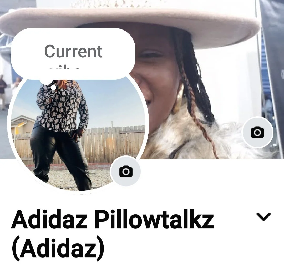 A person wearing a large white hat, with dreadlocks, smiling, with a dog, and a collage of a standing woman in patterned top and leather pants, and Adidaz Pillowtalkz as the title".