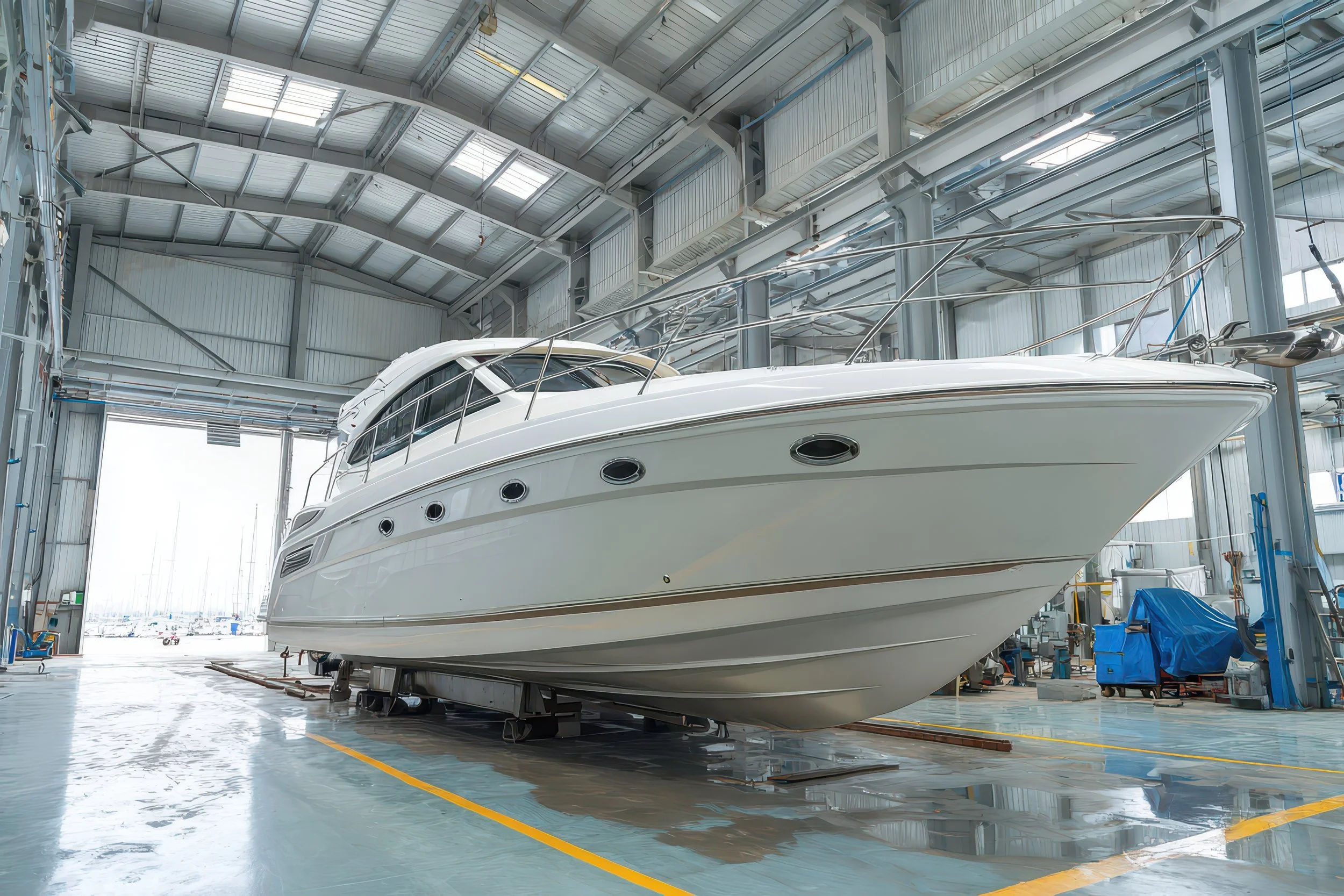 Large white yacht inside a spacious boat storage facility.