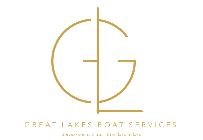 Gold logo with 'GL' initials, 'Great Lakes Boat Services' text below, and slogan 'Service you can trust, from lake to lake' on a black background.