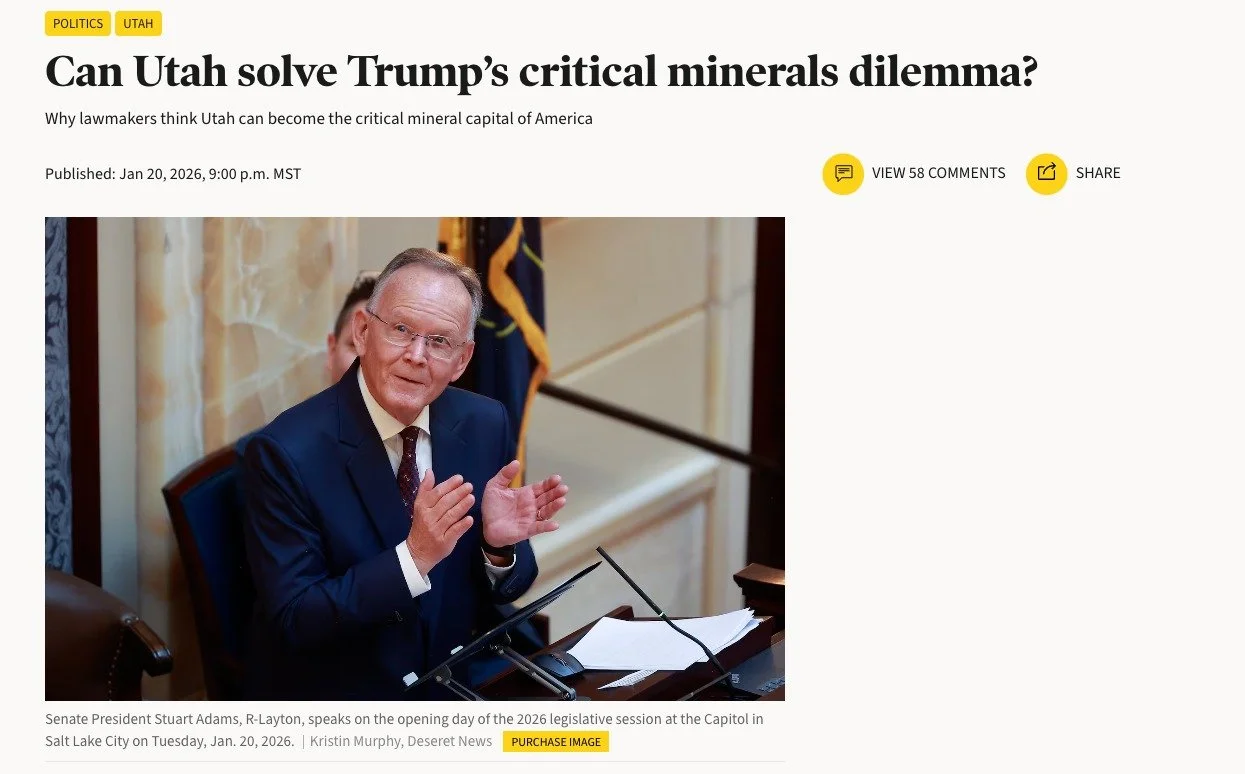 Utah is leading the way in providing a solution to the war on critical minerals. We are going to become the number one destination for critical mineral extraction and processing. This effectively eliminates any leverage hostile nations have on our co