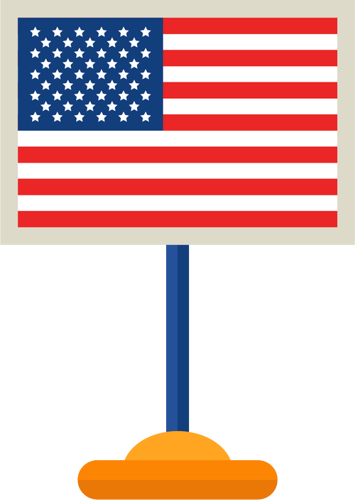 A street sign featuring the American flag at the top, mounted on a blue pole with an orange reflector at the bottom.