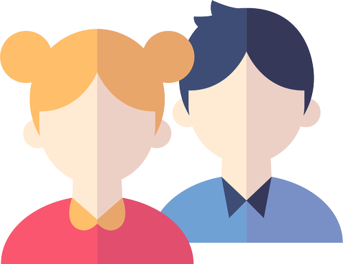 Flat illustration of two people, a woman with blonde hair styled in two buns and a man with dark hair, both wearing colorful clothing.