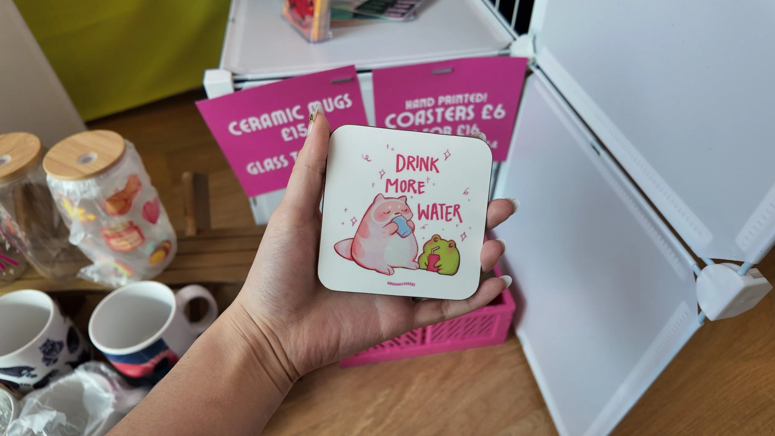 "Drink more water" Foobs and Grog Ceramic Handprinted coasters