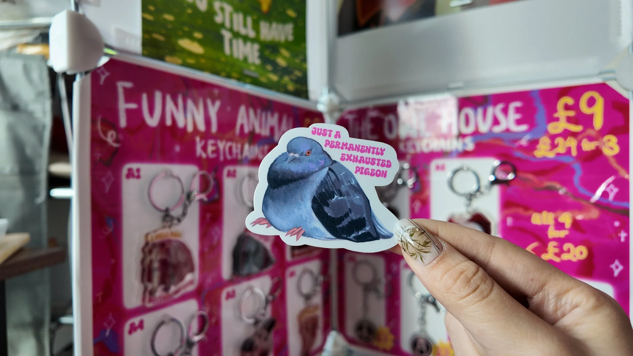 "just a permanently exhausted pigeon" sticker