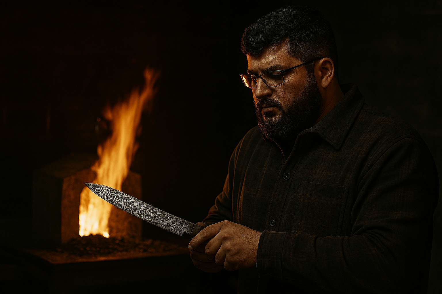 A man with glasses examines a patterned knife in a dark room with a fire in the background.