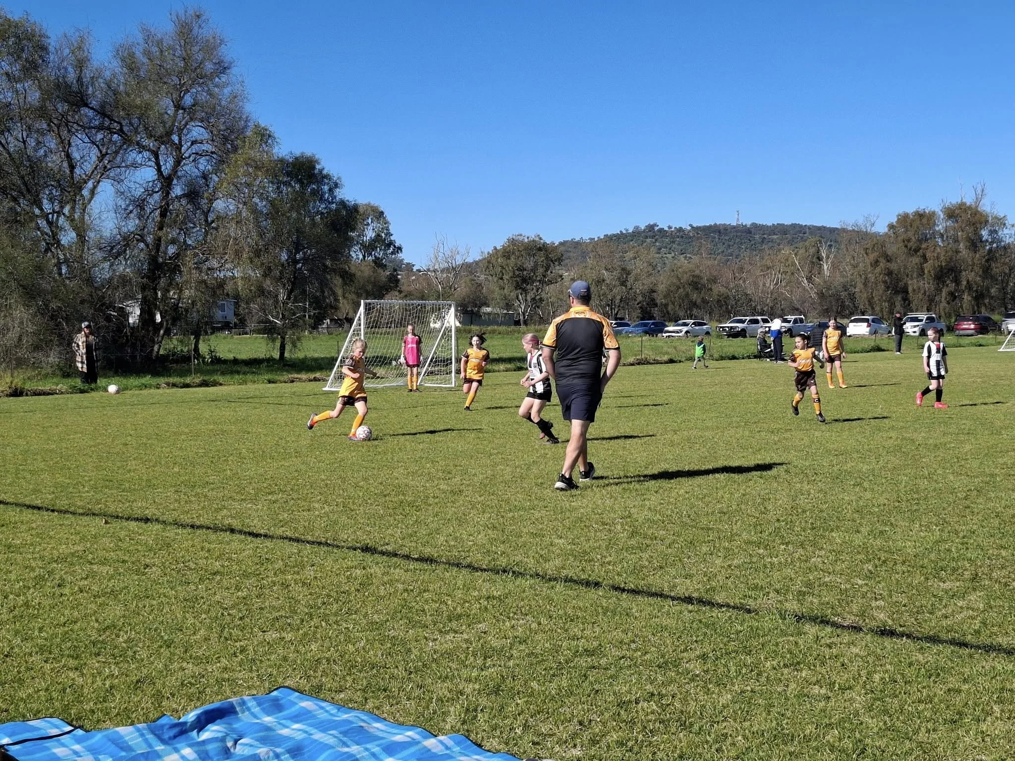 Kids playing soccer on a grassy field on a sunny day, with a coach supervising and a soccer goal in the background.