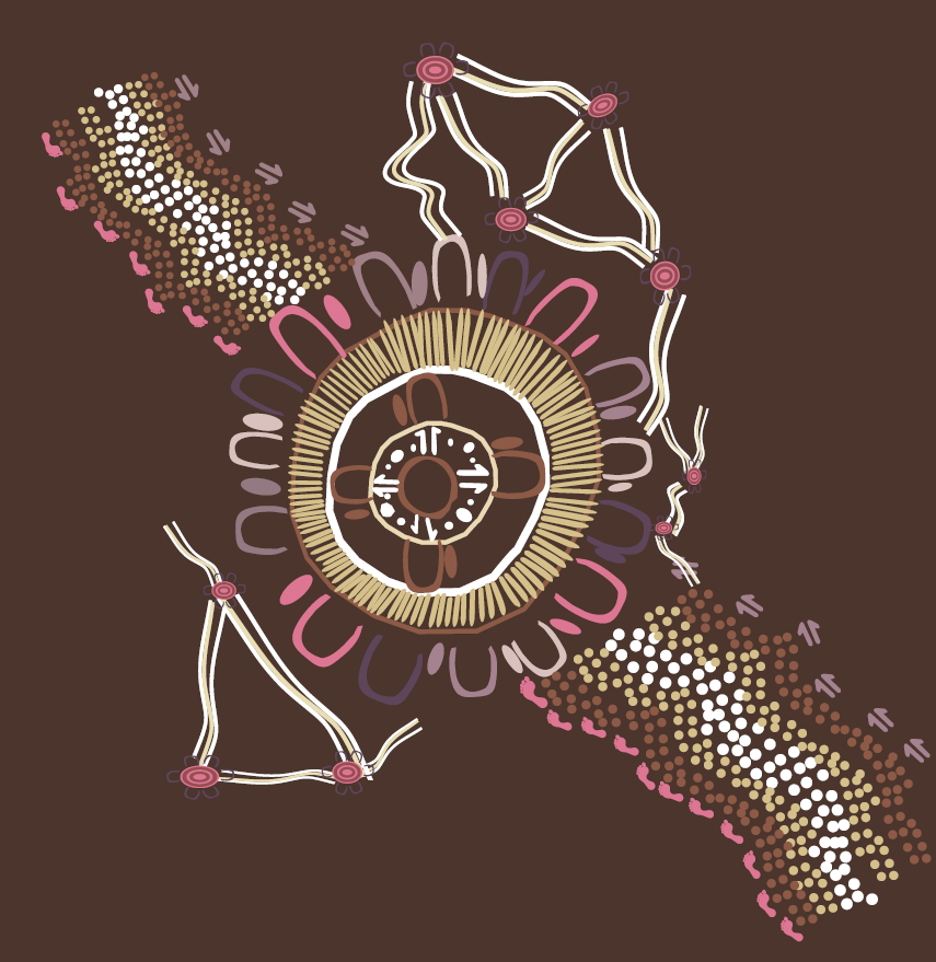 Illustration of a stylized biological or microscopic structure with central circular elements, interconnected strands, and dotted patterns on a dark background.