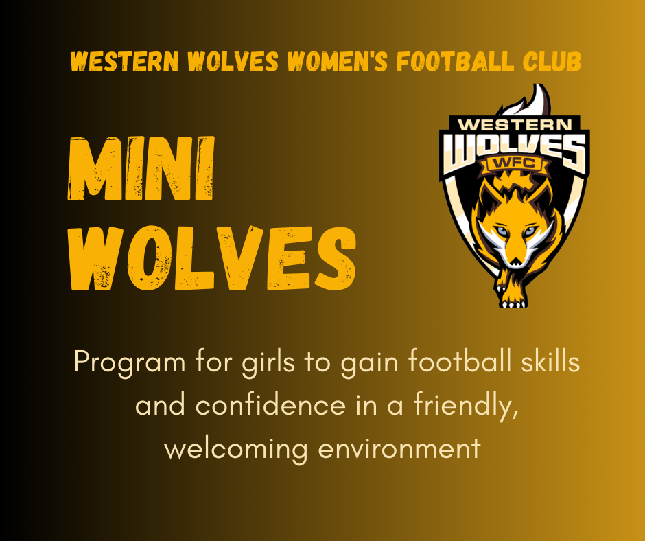 Flyer for Mini Wolves Girls Football Club indicating registration details, age group 5-11 years, held on Thursdays from February 19th to March 26th, 6pm to 6:45pm, with a $25 sign-up fee including a shirt, organized by Western Wolves Women's Football Club, featuring a photo of children playing soccer on a field.