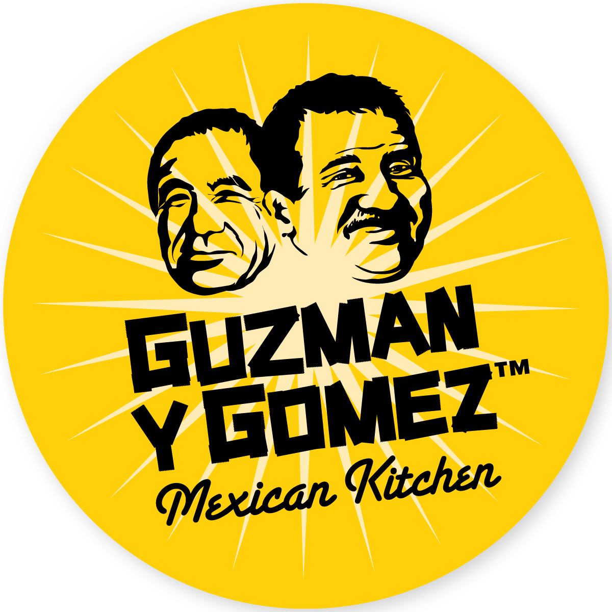 Logo for Guzman y Gomez Mexican Kitchen featuring illustrated faces of two men against a yellow background with radiating lines and bold black text.