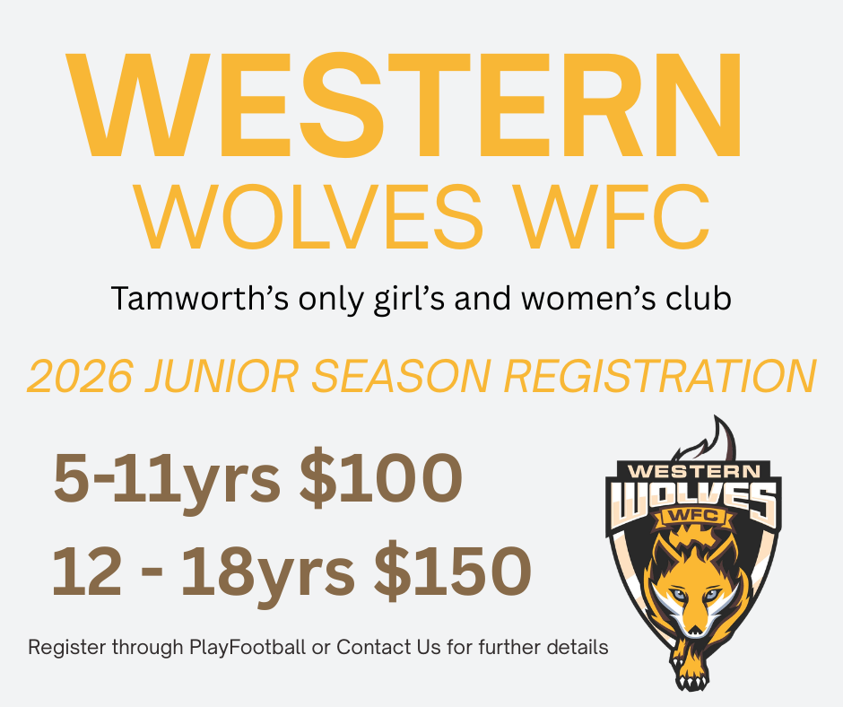Registration poster for Western Wolves WFC girls and women's soccer club. Highlights junior season registration for ages 5-18, with fees of $100 for ages 5-11 and $150 for ages 12-18. The poster includes the Western Wolves logo featuring a wolf's head and contact information for registration.