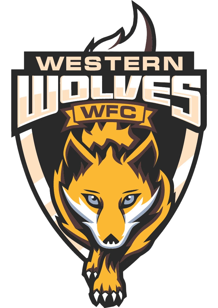 Logo of the Western Wolves WFC superhero-style team, featuring a fierce wolf with blue eyes and a black, tan, and white color scheme.
