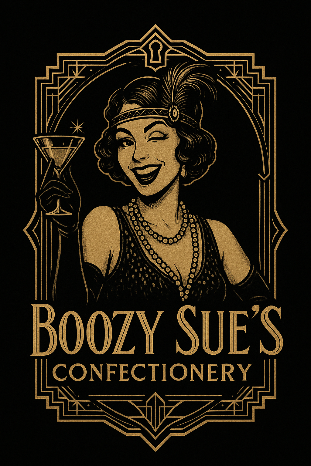 Vintage-style poster for Boozy Sue's Confectionery featuring a woman in 1920s attire holding a cocktail glass, winking and smiling.