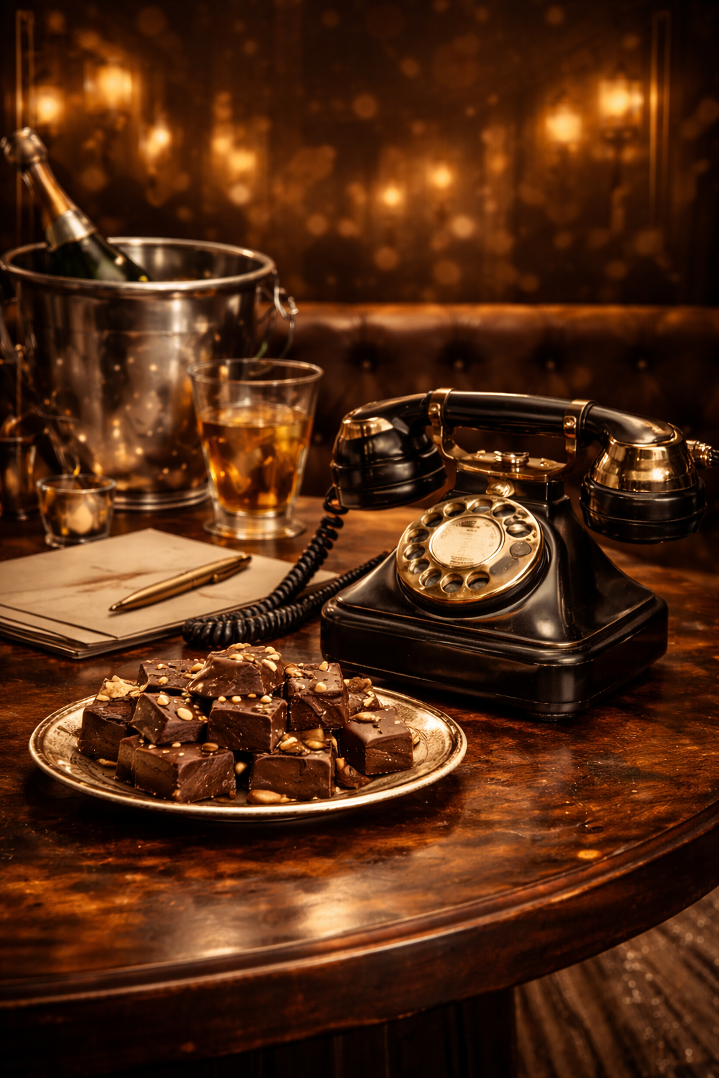An antique black rotary telephone on a wooden table, with a plate of chocolate fudge topped with nuts, a glass of whiskey, a champagne bottle in an ice bucket, and a glass of whiskey. Notepad and pen also on table, with a dimly lit, cozy background.