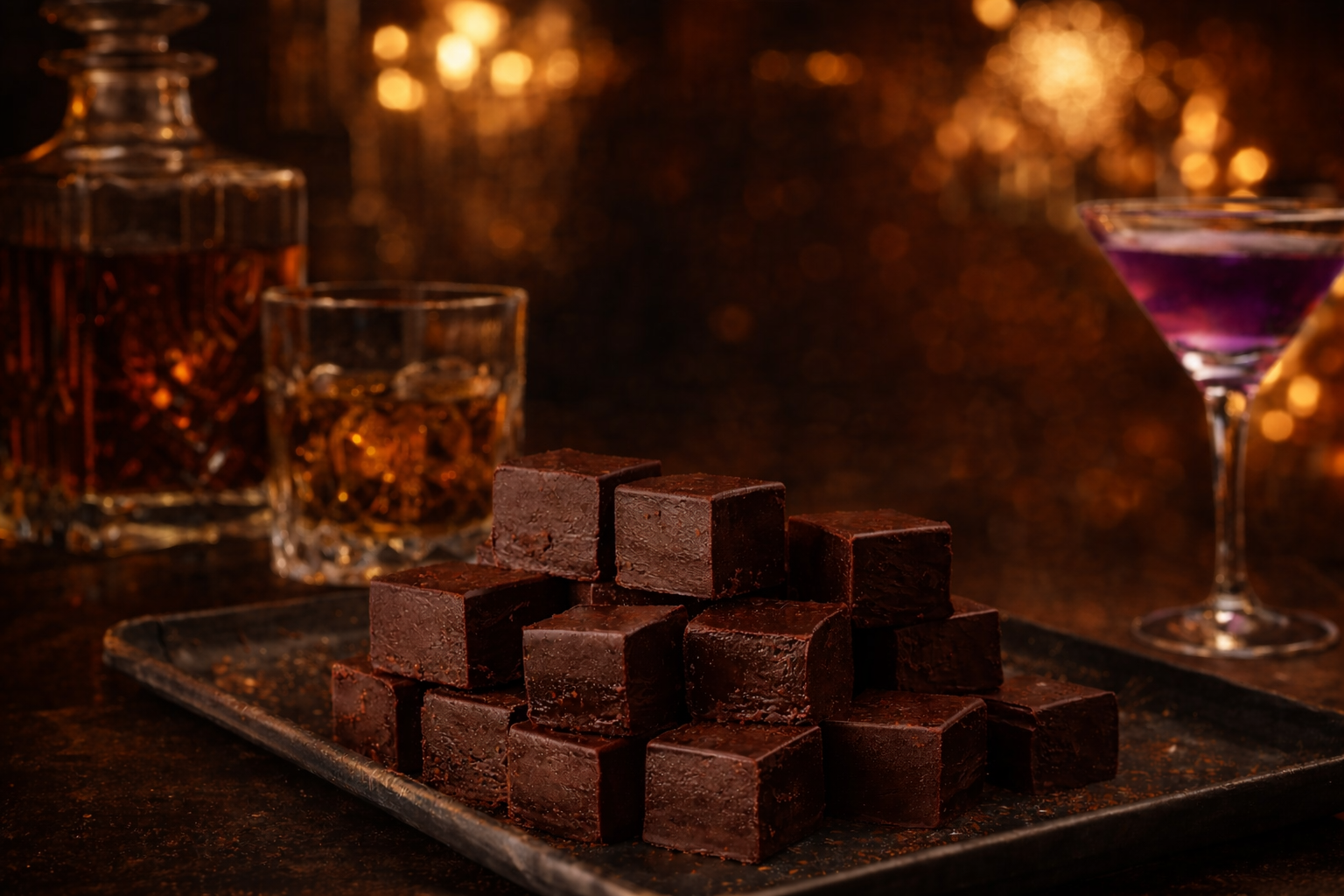 A black tray of assorted dark chocolates with drinks in the background, including a whiskey decanter, a glass of whiskey, and a pink cocktail in a martini glass, on a dark surface with a warm, bokeh background.
