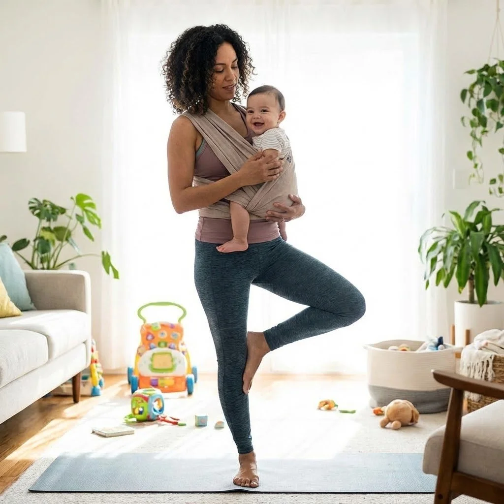 A woman practicing yoga while holding a smiling baby in a beige wrap carrier in a bright living room with toys and plants.
