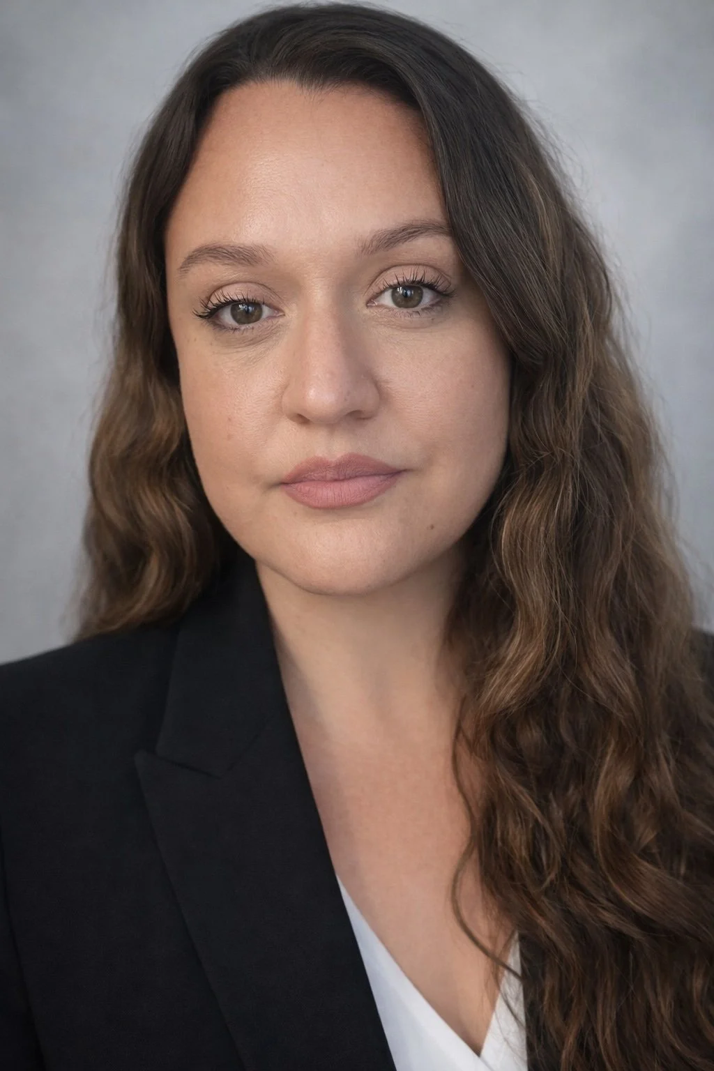 A woman with long wavy brown hair and light makeup, wearing a black blazer over a white top, posing against a plain light gray background.