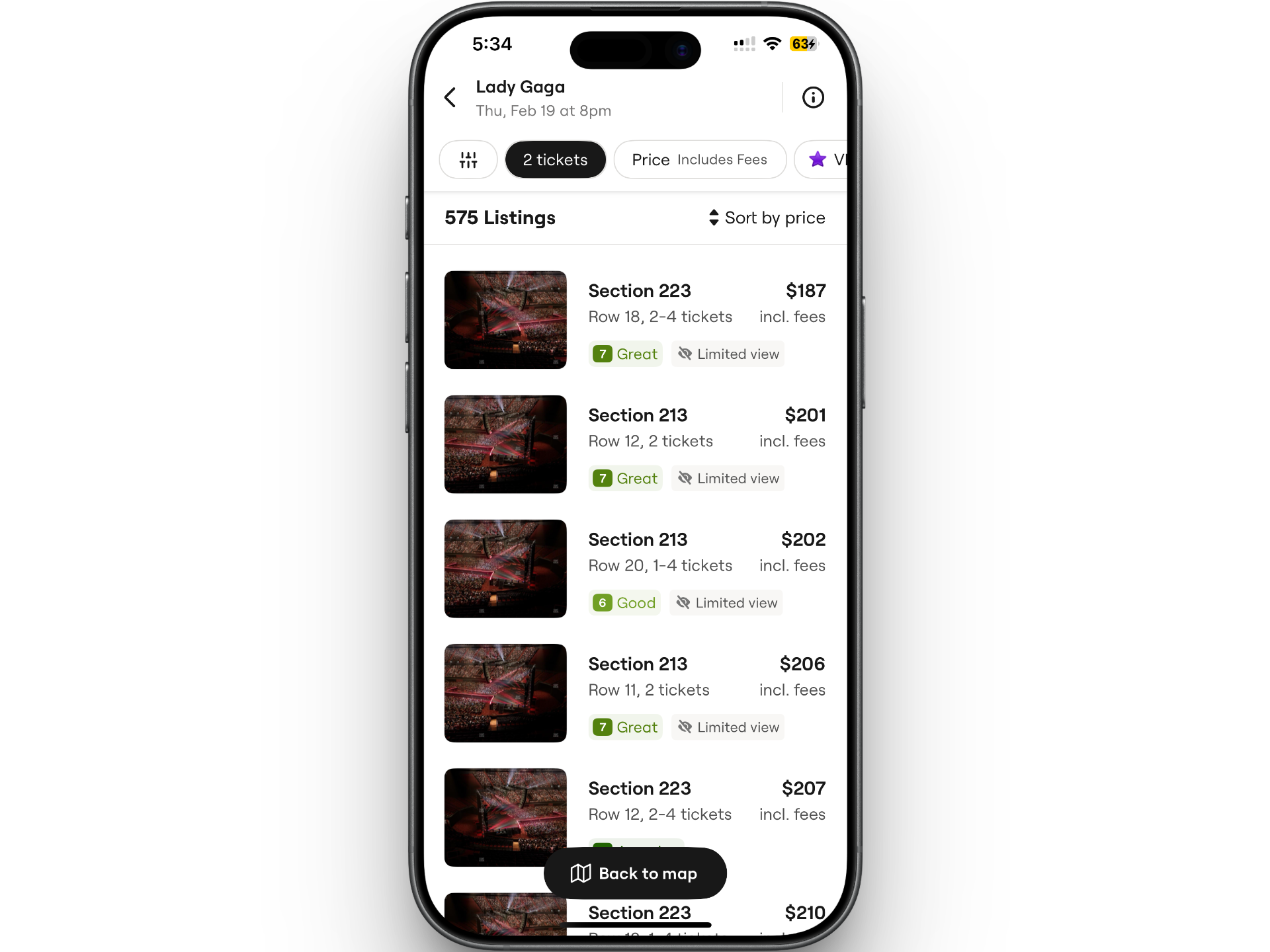 Screenshot of a mobile ticket purchasing app showing Lady Gaga concert tickets in various sections with seat information, ticket quantities, and prices.