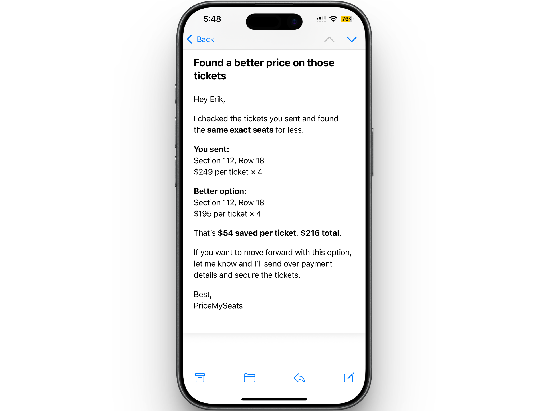 Screenshot of an email about tickets comparing prices and savings, displayed on an iPhone with a black background.
