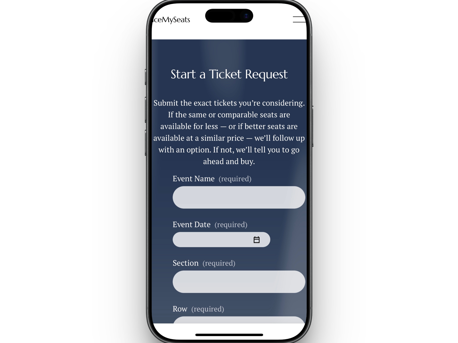 Mobile screen displaying a ticket request form with fields for event name, date, section, and row.