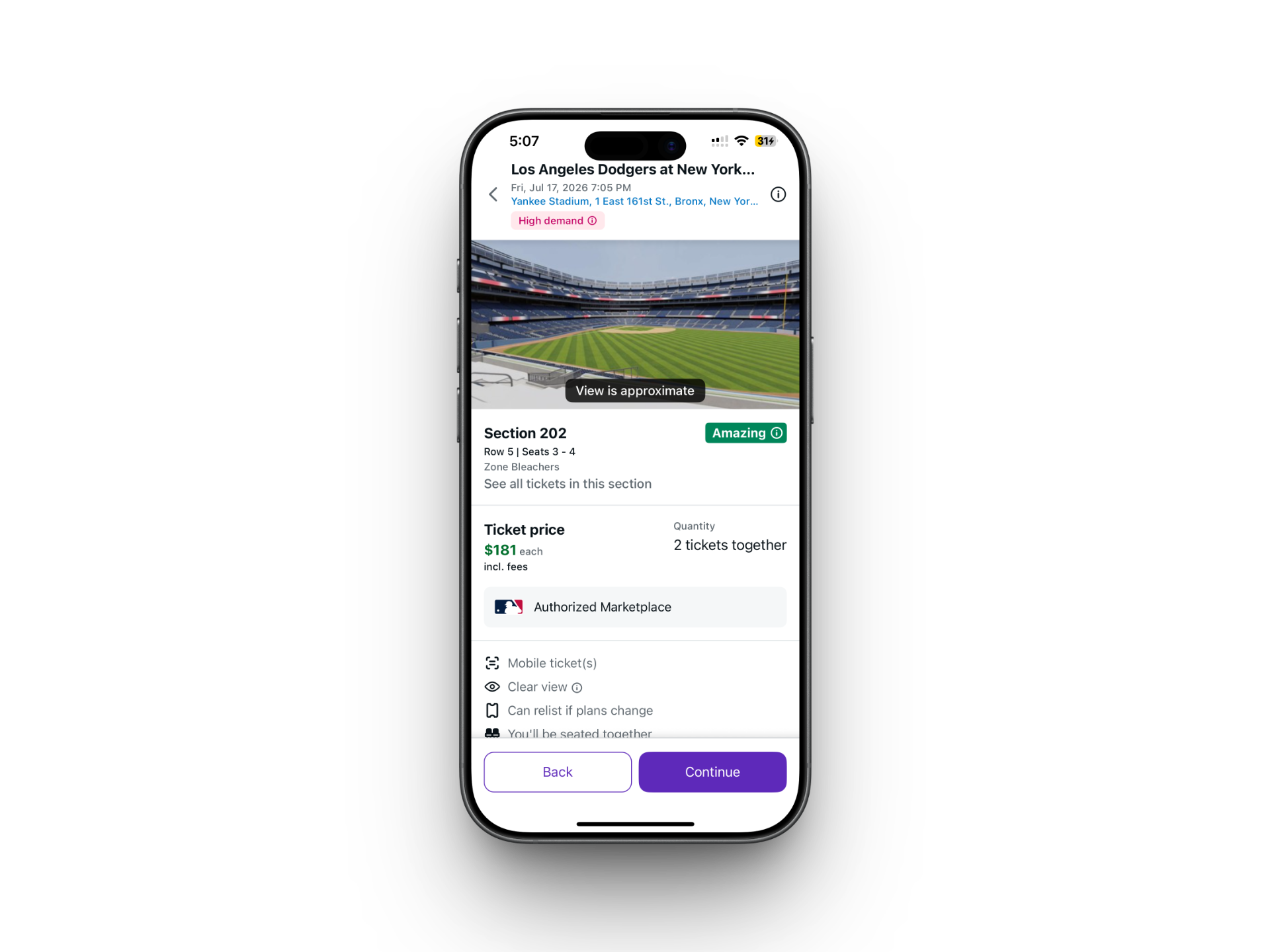 Mobile screen displaying tickets for Los Angeles Dodgers game at Yankee Stadium, showing section 202, row 5, seats 3-4, with a view of the stadium interior.