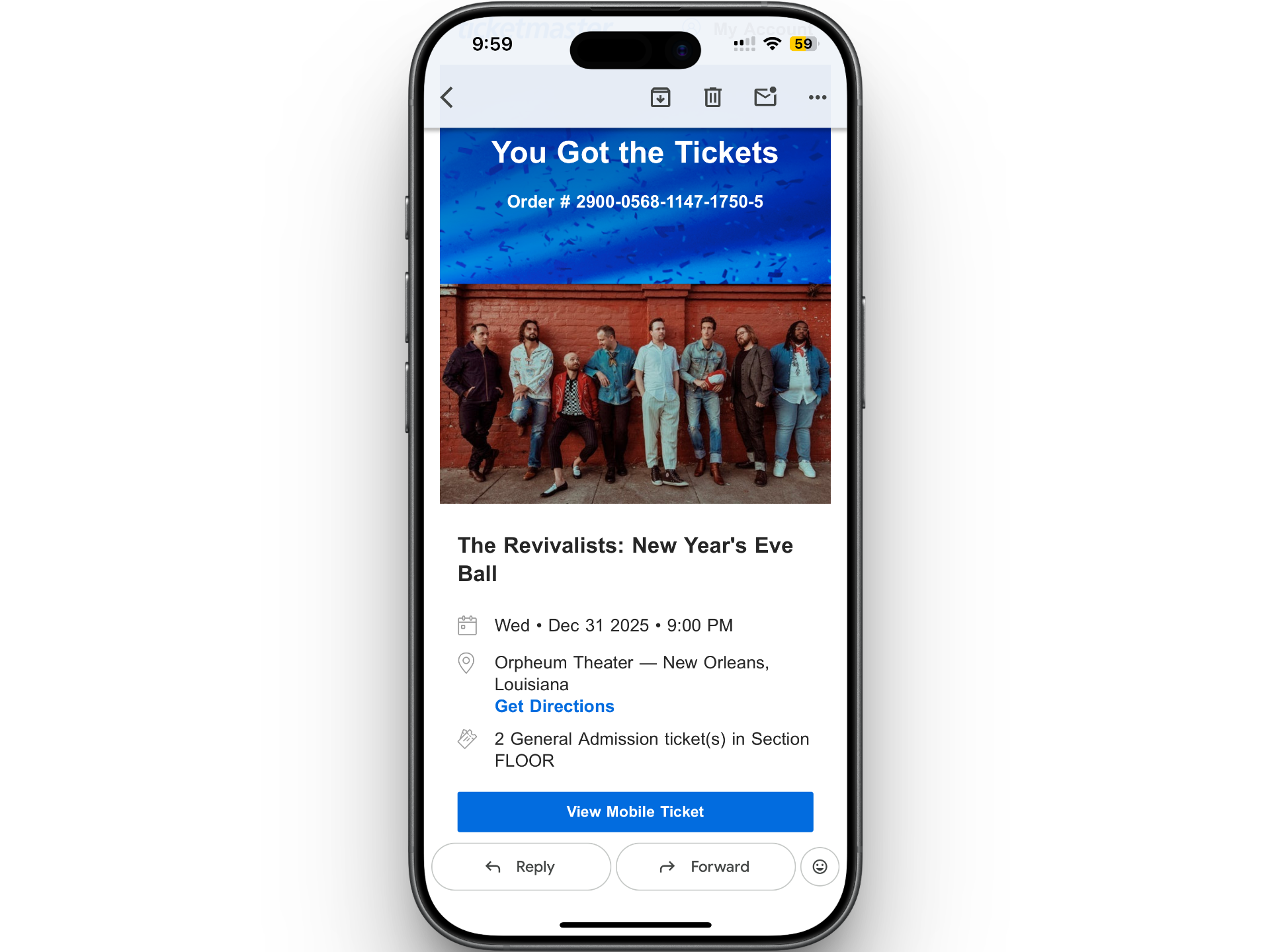 A mobile phone screen displaying an e-ticket for The Revivalists' New Year's Eve Ball concert at Orpheum Theater in New Orleans, Louisiana, scheduled for December 31, 2025, at 9:00 PM. The top of the screen shows a message 'You Got the Tickets' with a group photo of the band members standing against a red brick wall.