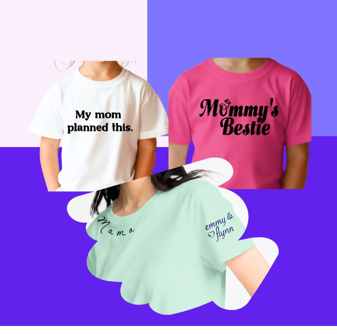 Three women wearing colorful t-shirts with different slogans and designs, set against a geometric background with shades of purple and white.