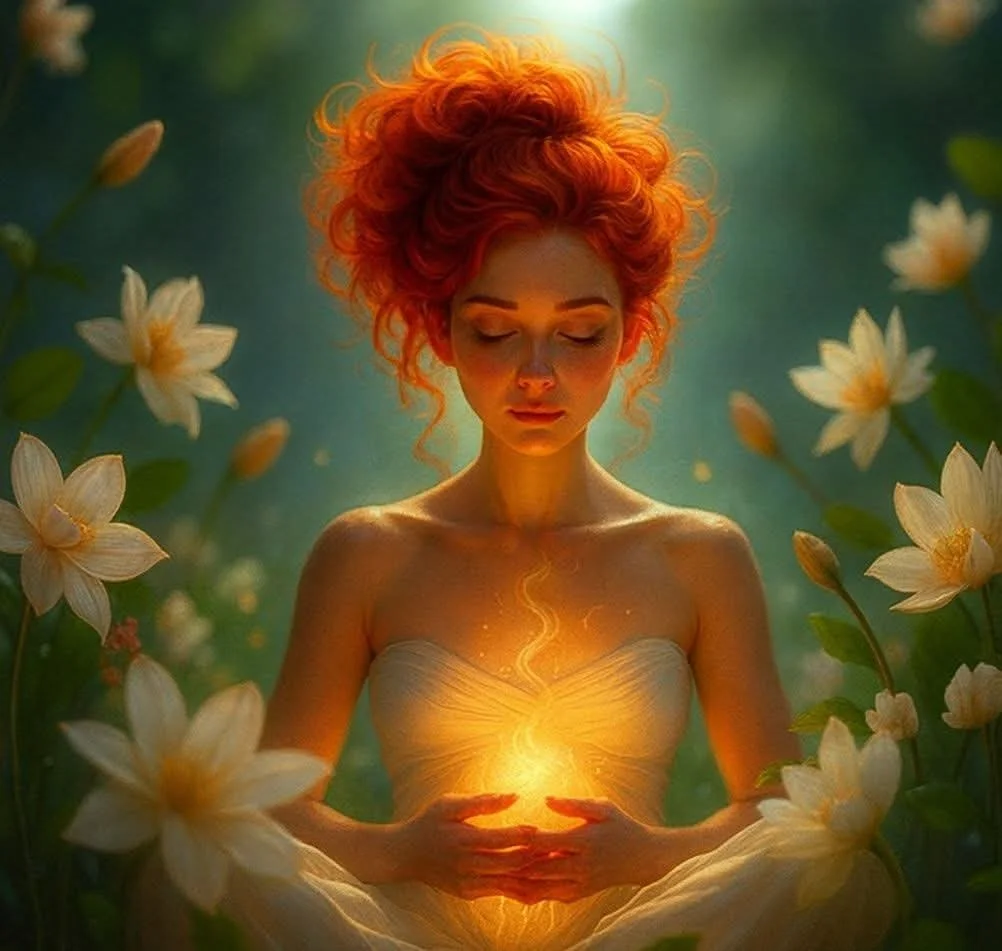 A woman with curly red hair sitting cross-legged outdoors amongst white flowers, holding a glowing orb of light in her hands, with a serene expression and closed eyes.