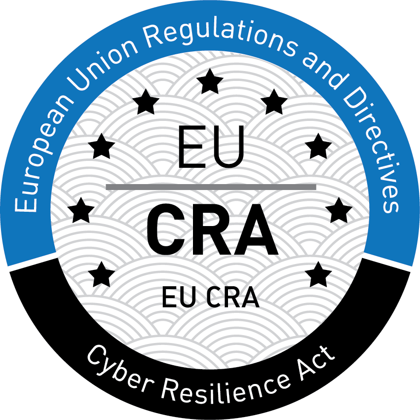 Badge for EU CRA (Cyber Resilience Act). The badge is circular, official-style seal, with a segmented outer ring, central emblem area, and a subtle patterned background, designed in a clean, formal style.