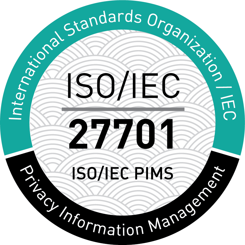 Bange for ISO/IEC 27701 Privacy information Management Systems. The badge is circular, official-style seal, with a segmented outer ring, central emblem area, and a subtle patterned background, designed in a clean, formal style.