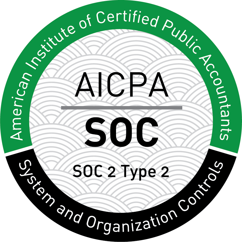 Badge for AICPA (American Institute of Certified Public Accountants) SOC 2 Type 2 system and organisation controls. The badge is circular, official-style seal, with a segmented outer ring, central emblem area, and a subtle patterned background, desig
