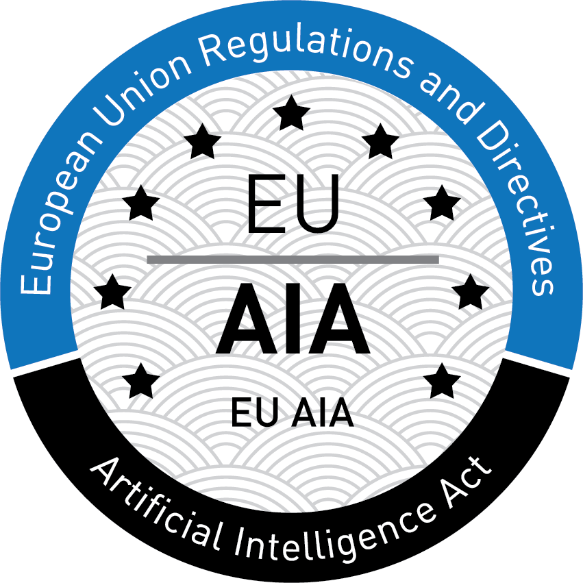 Badge for EU AI (Artificial Intelligence) Act. The badge is circular, official-style seal, with a segmented outer ring, central emblem area, and a subtle patterned background, designed in a clean, formal style.