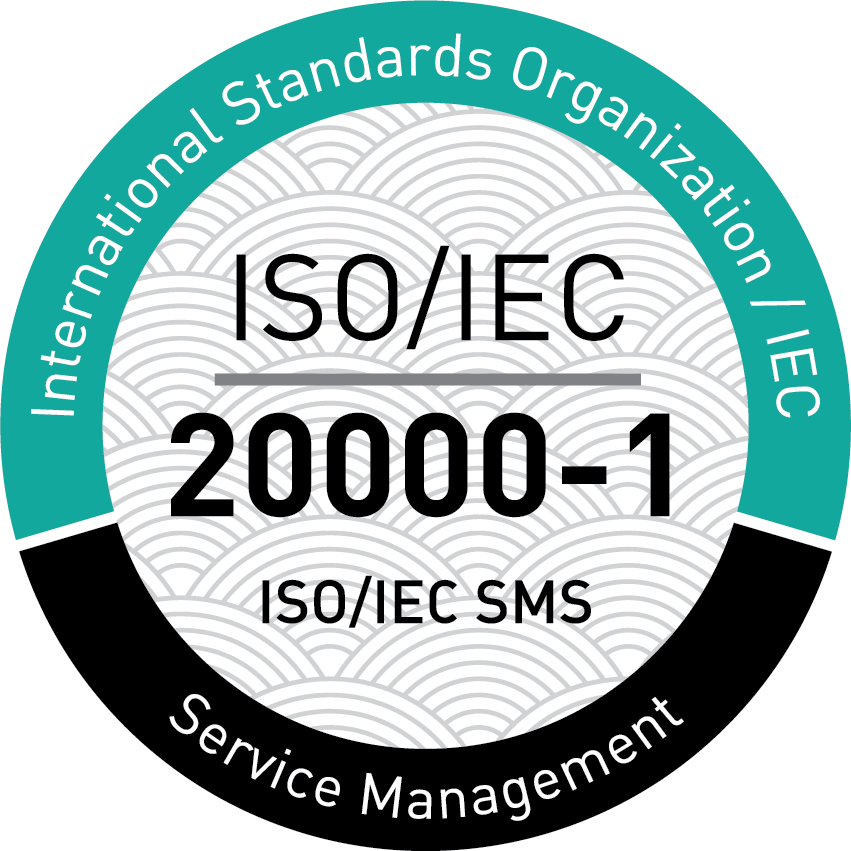Badge for ISO/IEC 20000-1 Service Management Systems. The badge is circular, official-style seal, with a segmented outer ring, central emblem area, and a subtle patterned background, designed in a clean, formal style.