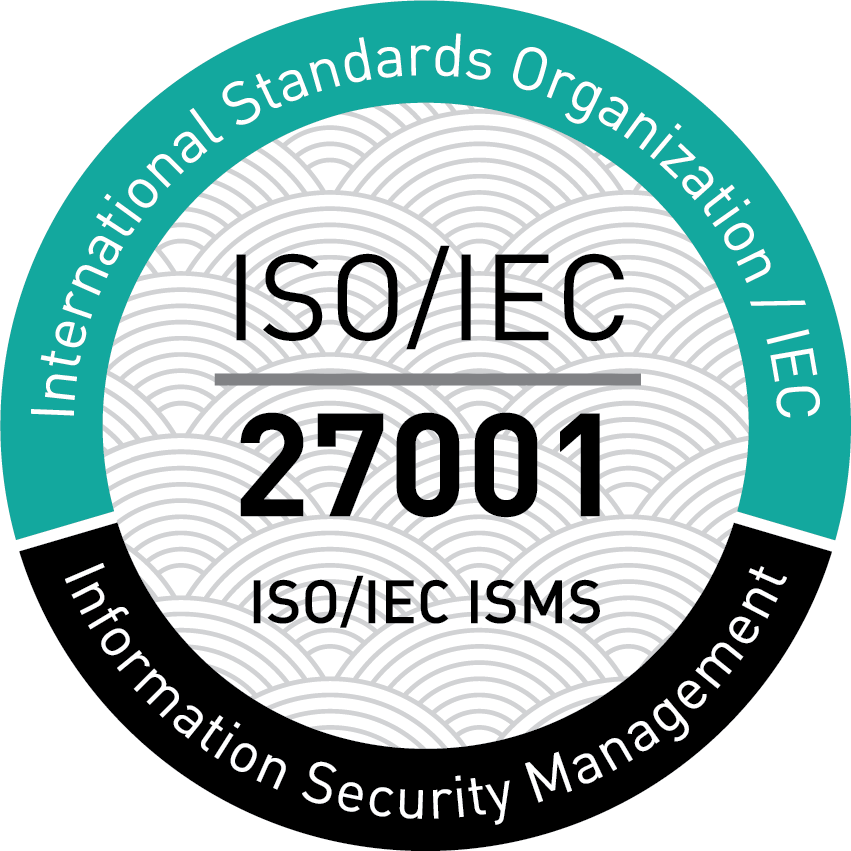 Badge for ISO/IEC 27001 Information Security Management Systems. The badge is circular, official-style seal, with a segmented outer ring, central emblem area, and a subtle patterned background, designed in a clean, formal style.
