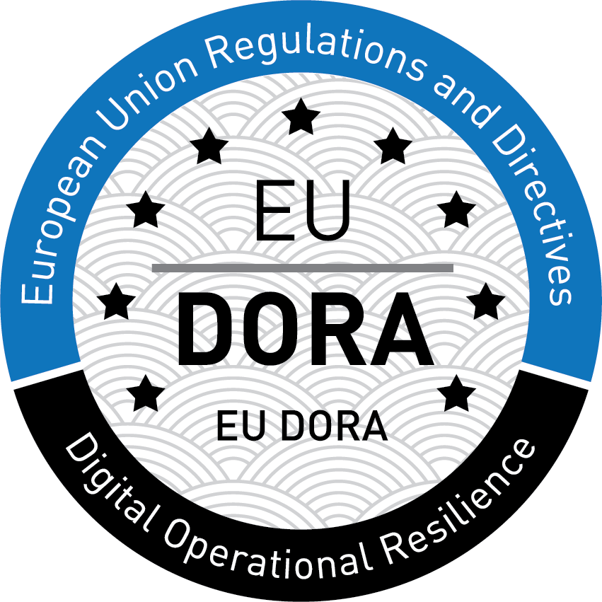 Badge for EU DORA (Digital Operational Resilience Act). The badge is circular, official-style seal, with a segmented outer ring, central emblem area, and a subtle patterned background, designed in a clean, formal style.