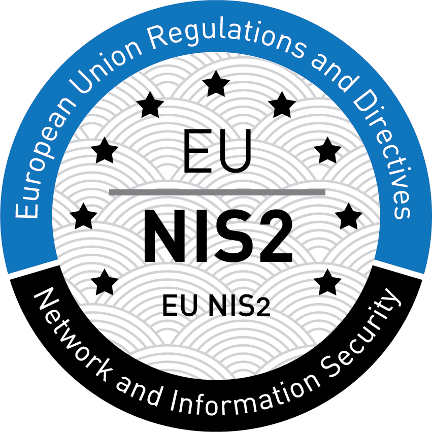 Badge for EU NIS2 (Network and Information Systems Directive 2). The badge is circular, official-style seal, with a segmented outer ring, central emblem area, and a subtle patterned background, designed in a clean, formal style.