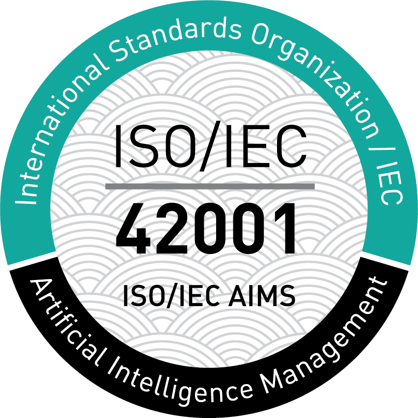 Badge for ISO/IEC 42001 AI (Artificial Intelligence) Management Systems. The badge is circular, official-style seal, with a segmented outer ring, central emblem area, and a subtle patterned background, designed in a clean, formal style.