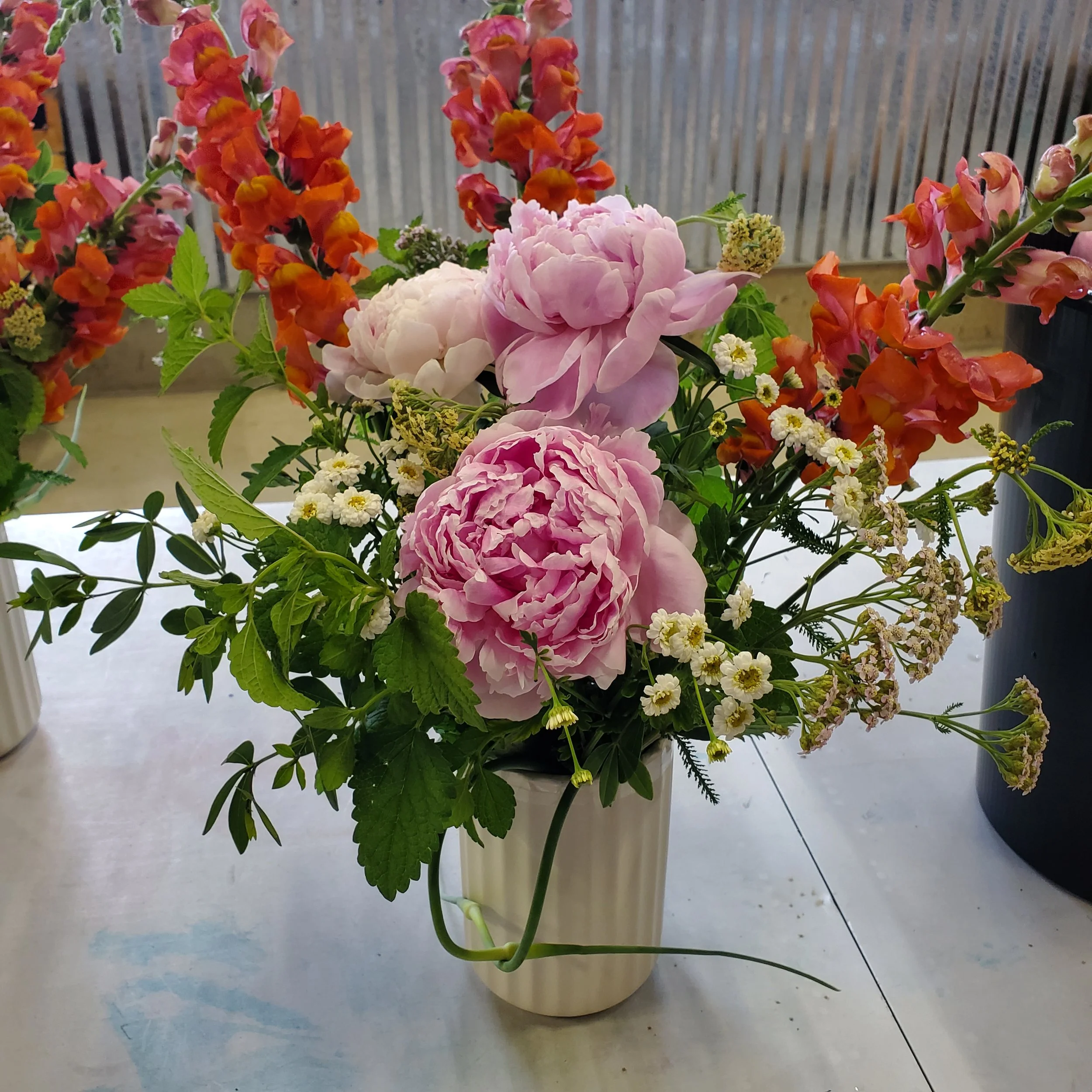 A bouquet of pink peonies, orange snapdragons, small white feverfew flowers, and greenery in a white vase on a light-colored surface with a corrugated metal background.