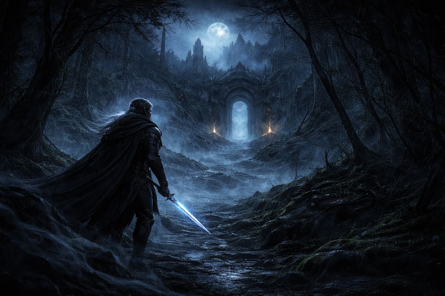 A dark, foggy forest scene at night with a full moon in the sky. A figure dressed in black armor and a long cloak, holding a glowing blue sword, stands on a rocky path facing an ancient stone gate with fiery torches on either side, leading into a mysterious, glowing portal.