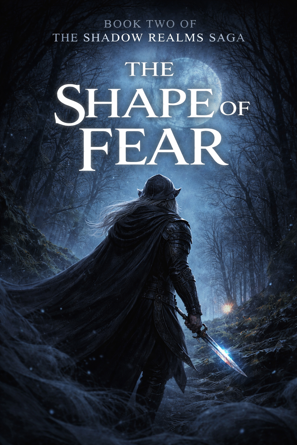 Cover art for the book "The Shape of Fear" from "The Shadow Realms Saga" shows a knight in dark armor with a flowing cape, holding a glowing sword in a misty, moonlit forest with leafless trees.