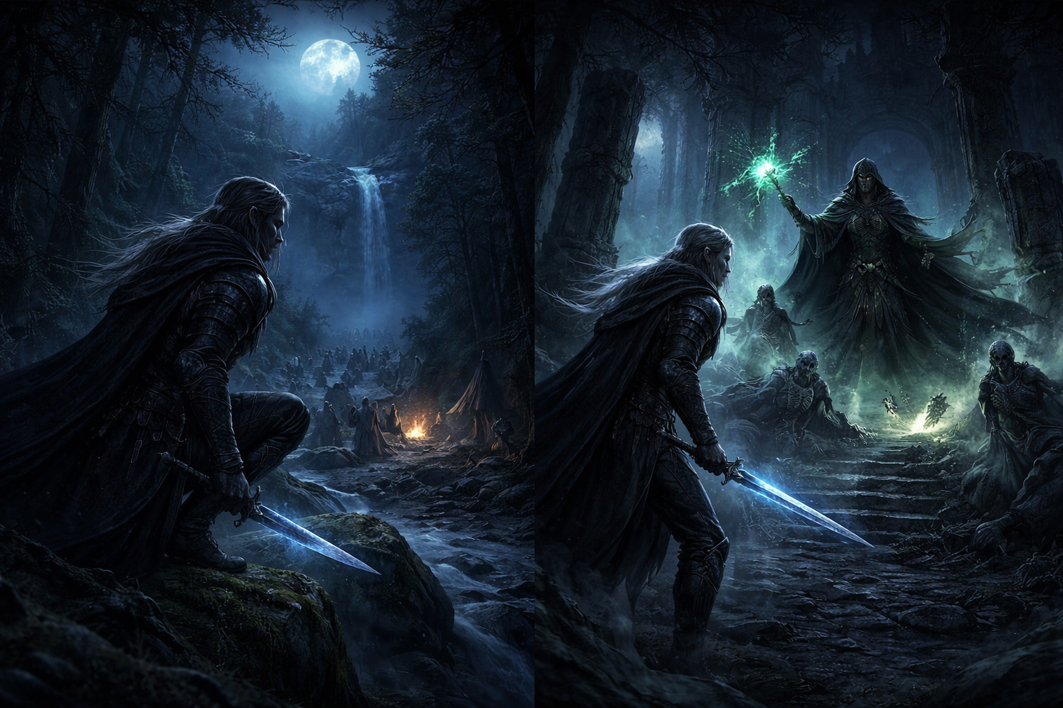 A fantasy scene showing a male warrior crouching with a dagger in a dark forest with a full moon, approaching a dark sorcerer on a throne surrounded by skeletons, with glowing magic and ominous atmosphere.
