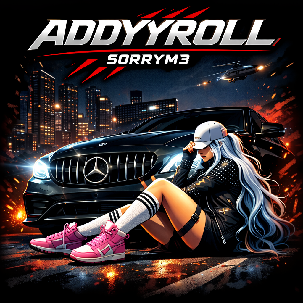 A stylized digital artwork of a woman with long blue hair sitting against a black sports car in a city at night. The woman wears a white cap, a black jacket with studded sleeves, white knee-high socks, and pink sneakers. The scene features a dark city skyline with illuminated buildings, helicopters flying overhead, and a fiery, explosive background.