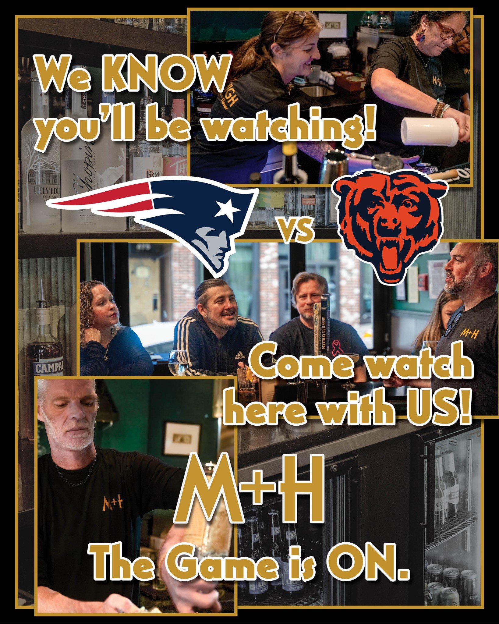 The Pats vs Bears kick off at 8:15. Watch it with us at Maple +High, maybe with a tasty Mai Tai, a cold, frosty one, and perhaps some of Chef's Smoked Wings. 
Kitchen's open until 9:30. The bar until midnight.