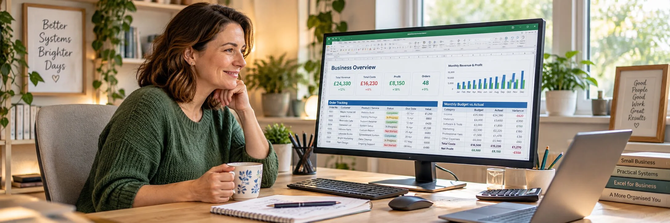 Person comfortably working on home screen monitor Spreadsheet - Dijstra Ltd