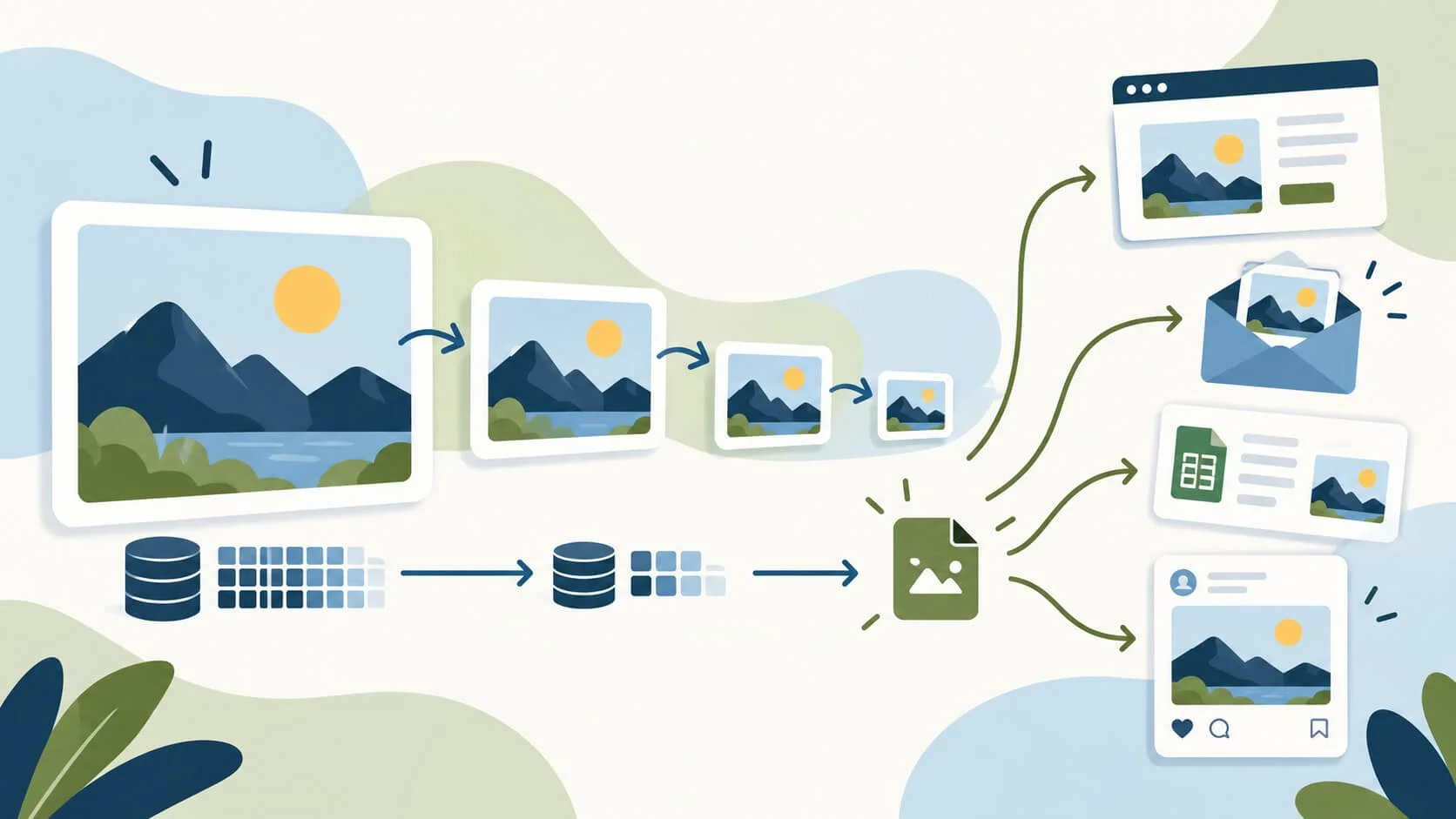 Friendly geometric illustration showing a large landscape image being resized into smaller versions and compressed into a smaller file, then distributed for different uses including a website, email, spreadsheet and social media post.