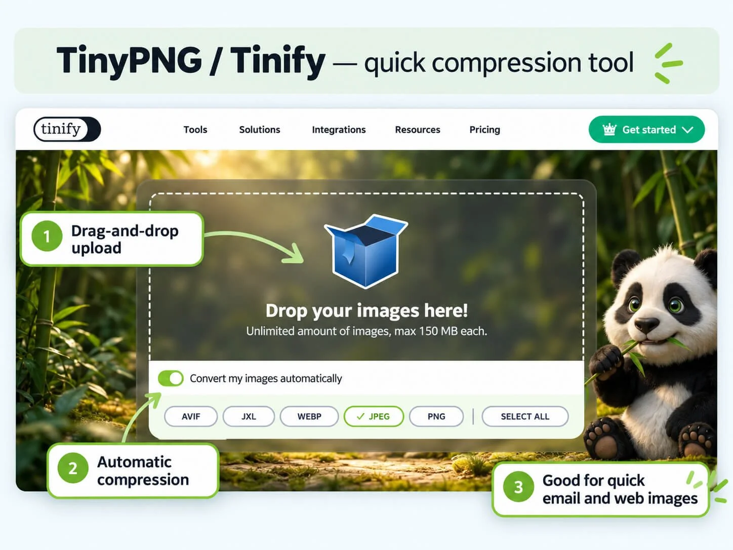 Tinify Image Optimisation interface. Note that the free version offers a file limitation of 5MB each and max uploads 20 per go.