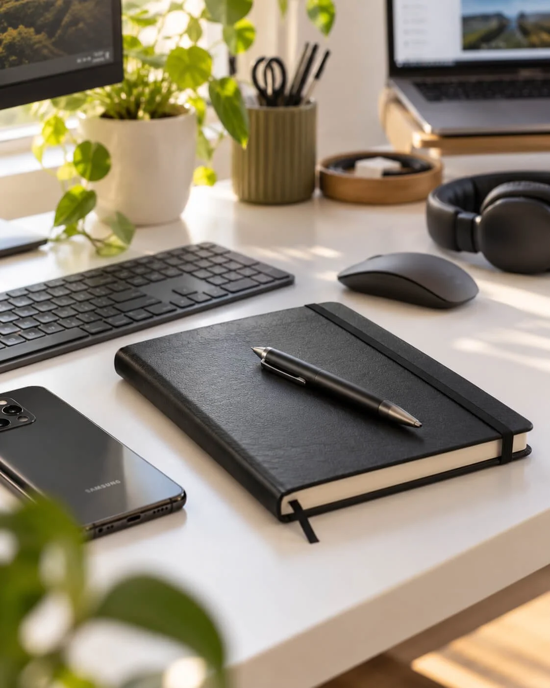 Calm desk with pen and notepad in a home working environment - Dijstra Ltd