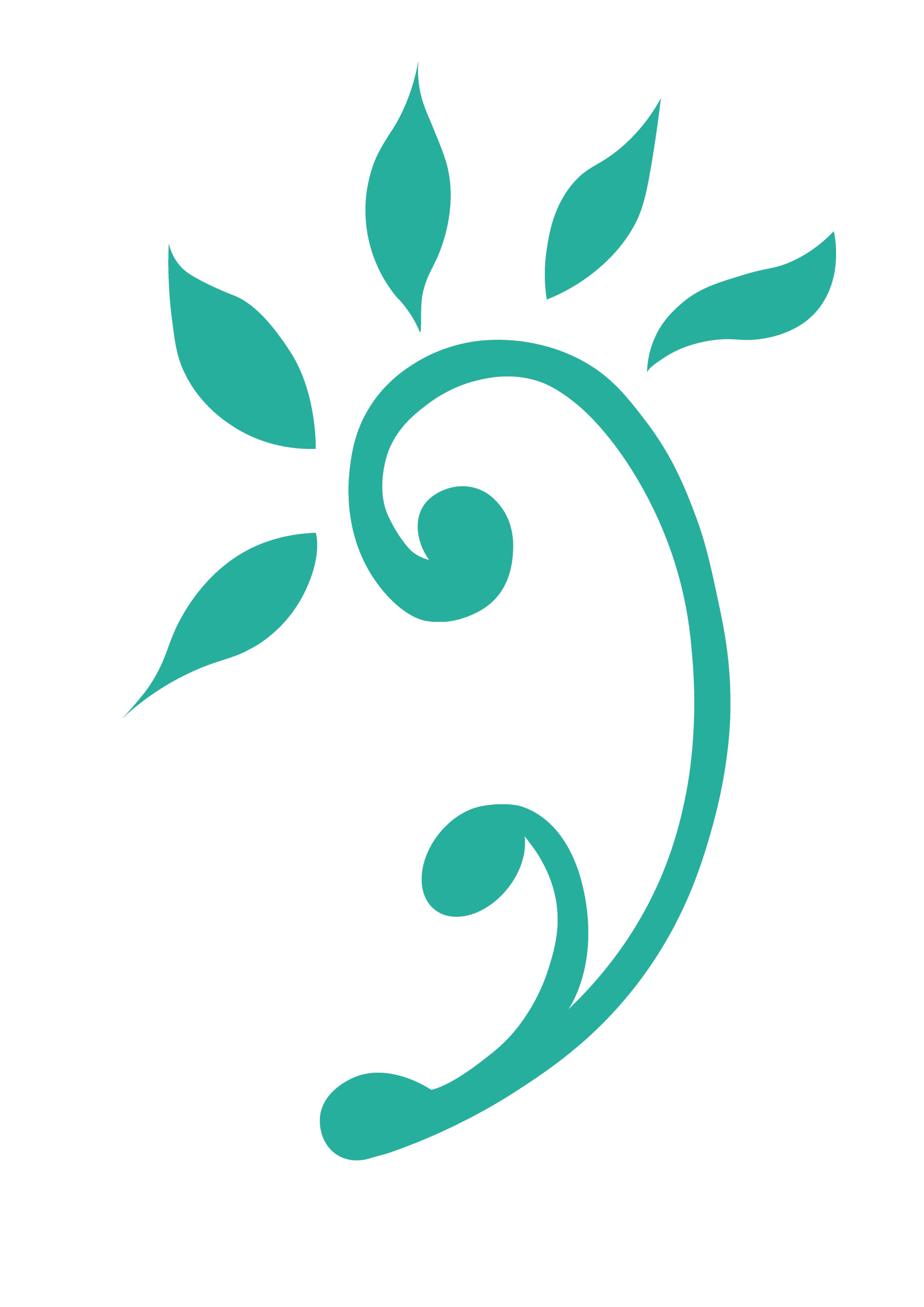 A black background with a teal decorative swirl and leaf pattern.