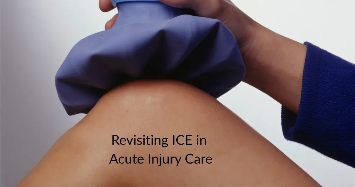 Close-up of a person with a blue sleeve holding a cold compress or ice pack on their knee, with the caption "Revisiting ICE in Acute Injury Care" overlaid on the image.